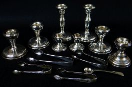 EIGHT MODERN SILVER DWARF CANDLESTICKS, including a 4 inch pair, set of three 2.5inch holders, three