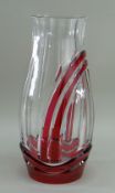 ART DECO OVERLAID GLASS VASE, attributed to Val St. Lambert, ruby flashed double arcs to side & base