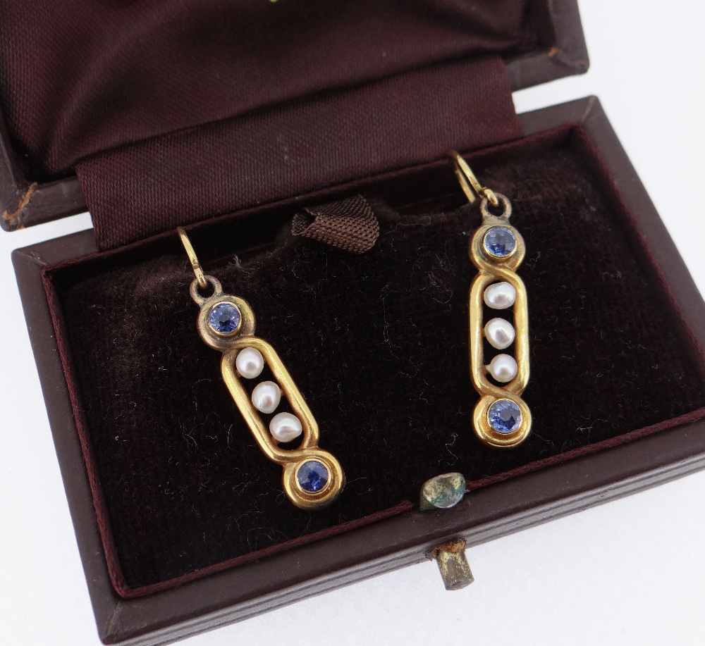 PAIR OF YELLOW METAL SEED PEARL & SAPPHIRE EARRINGS, appear to be made from bracelet links,