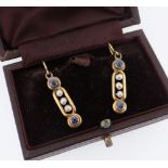 PAIR OF YELLOW METAL SEED PEARL & SAPPHIRE EARRINGS, appear to be made from bracelet links,