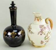 ROYAL WORCESTER 1094 BLUSH IVORY JUG and black glazed pottery bottle flask and cover, the latter