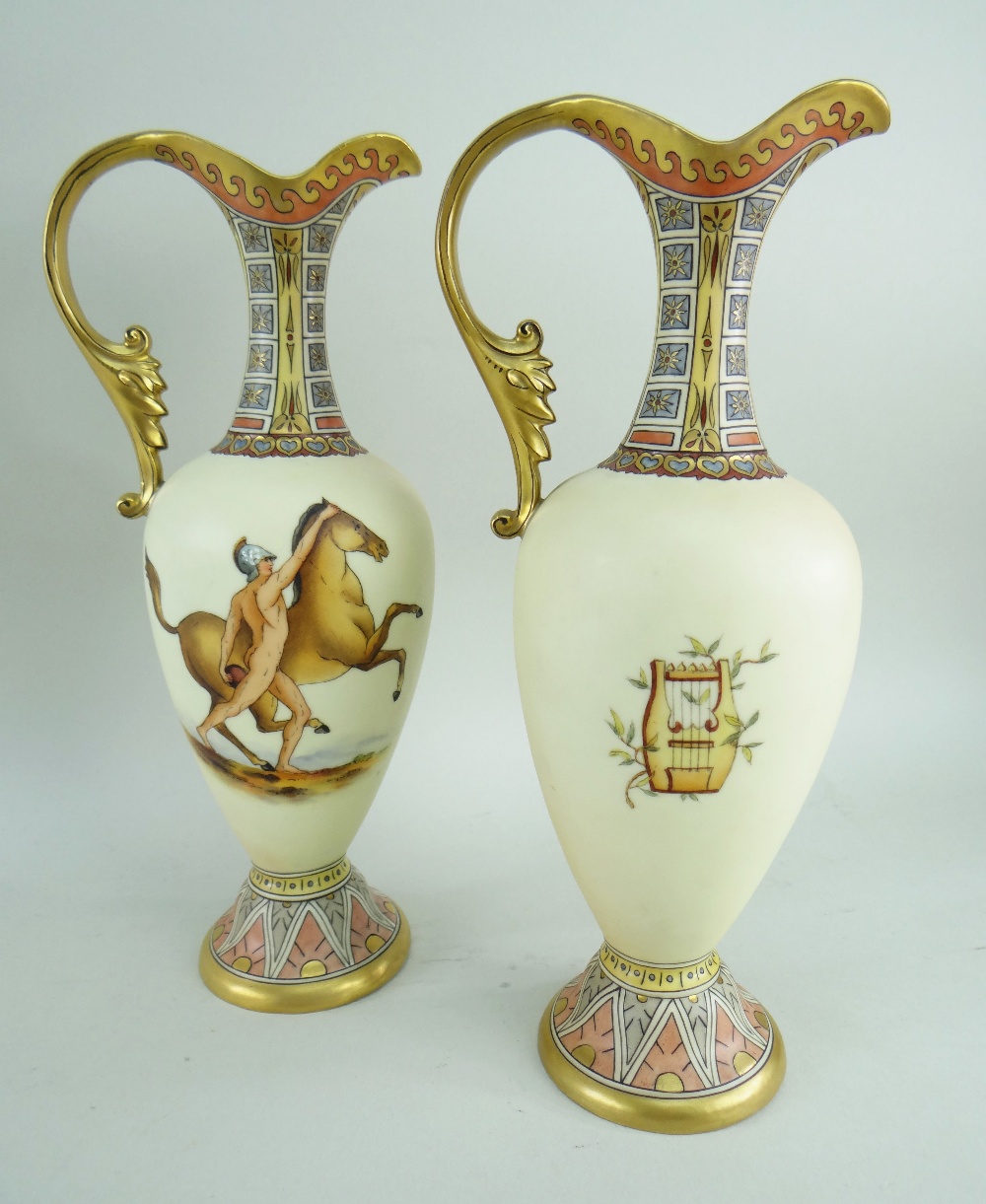 PAIR RUDOLSTADT (LAZARUS STRAUSS & SONS) PORCELAIN EWERS, CIRCA 1910, of neo-classical style, - Image 2 of 4