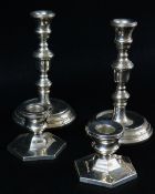 TWO PAIRS MODERN SILVER CANDLESTICKS, including short hexagonal based pair, 6cms h (loaded) and