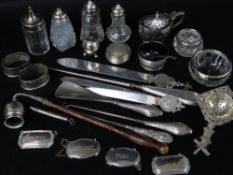 ASSORTED SILVER COLLECTIBLES, including four silver decanter labels, three paper knives, silver