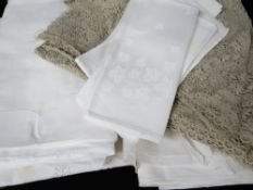 ASSORTED DOMESTIC WHITE LINEN, including boxed Harrods Irish linen tablecloth with needlework/