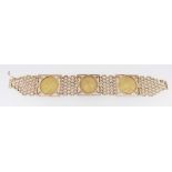 9CT GOLD TRIPLE SOVEREIGN PANEL BRACELET, the sovereigns dated 1880, 1890 and 1894, 18.5cms long,