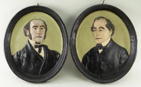 PAIR OF LARGE POTTERY GLADSTONE & DISRAELI PORTRAIT PLAQUES, modelled in relief and coloured, 47 x