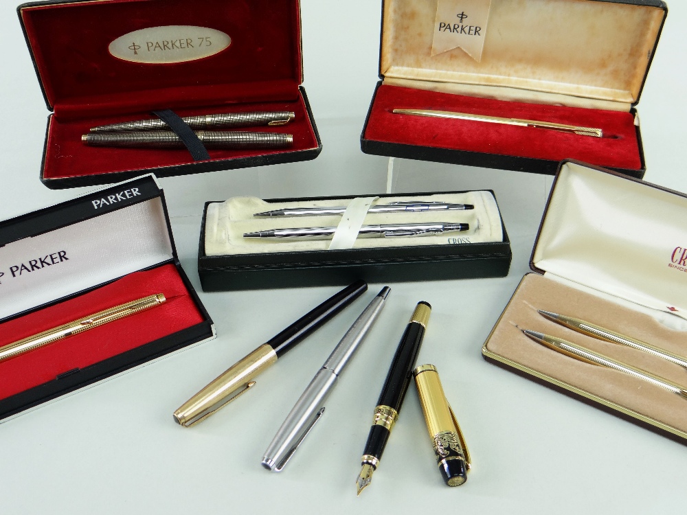 ASSORTED FOUNTAIN, BALLPOINT PENS & PENCILS, including Parker 75 2-pen set, Parker 75, Cross 2-pen