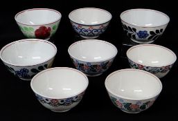 EIGHT ASSORTED LLANELLY POTTERY CAWL BOWLS, four with similar sponged floral decoration in pink,