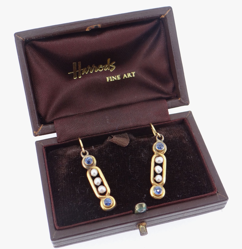 PAIR OF YELLOW METAL SEED PEARL & SAPPHIRE EARRINGS, appear to be made from bracelet links, - Image 2 of 2