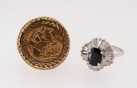 9CT GOLD MOUNTED HALF SOVEREIGN RING, 1908, 10.7gms, together with gem set silver cluster ring (2)