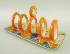 CLARICE CLIFF 'CROCUS' PATTERN 5-BAR TOAST RACK, 17cms long Comments: good condition