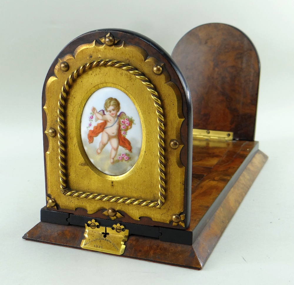 VICTORIAN WALNUT, GILT METAL & PORCELAIN PATENT BOOK SLIDE, with Betjeman's patent self-closing - Image 2 of 12