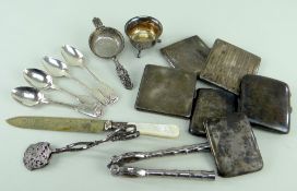 ASSORTED SILVER & EPNS comprising five silver cigarette cases and another similar white metal