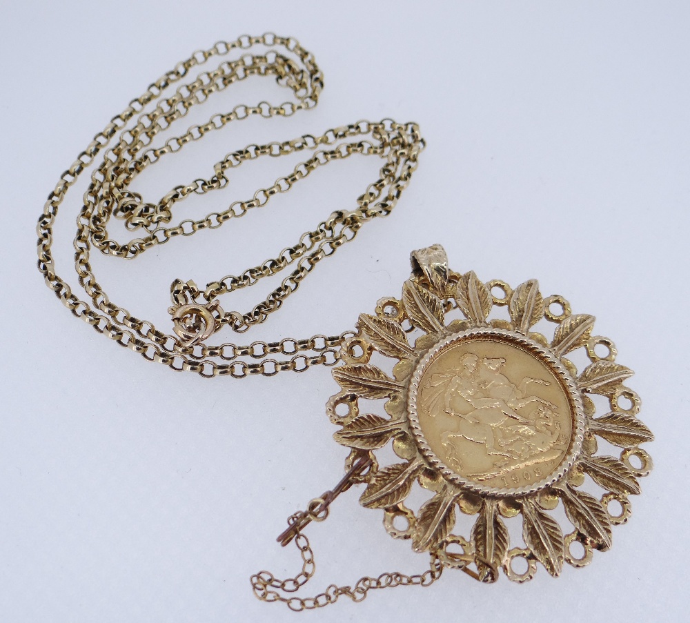 EDWARD VII GOLD SOVEREIGN, 1908, in 9ct gold leaf design pendant mount, on 9ct gold chain, 26.0gms - Image 3 of 3