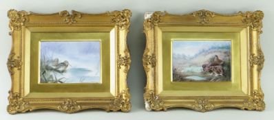 GOOD PAIR OF PAINTED PORCELAIN PLAQUES, by A. H. Wright depicting grouse and woodcock, within