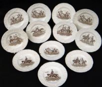 SET OF TWELVE STAFFORDSHIRE POTTERY NURSERY PLATES, each transfer printed in brown with six