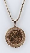ELIZABETH II GOLD SOVEREIGN, 1979, in 9ct gold pendant mount on 9ct gold chain, 21.7gms