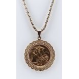 ELIZABETH II GOLD SOVEREIGN, 1979, in 9ct gold pendant mount on 9ct gold chain, 21.7gms