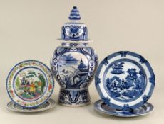 GROUP CHINOISERIE-DECORATED POTTERY, comprising Belgian Boch Freres Keramis blue and white delft jar