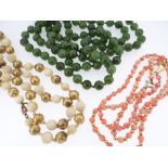 ASSORTED JEWELLERY comprising matching 9ct gold coral necklace and bracelet, green hardstone bead