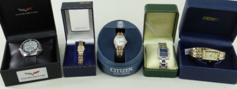 FIVE BOXED WRISTWATCHES, comprising Corvette stainless steel diver's watch, ref CR286, 300m water