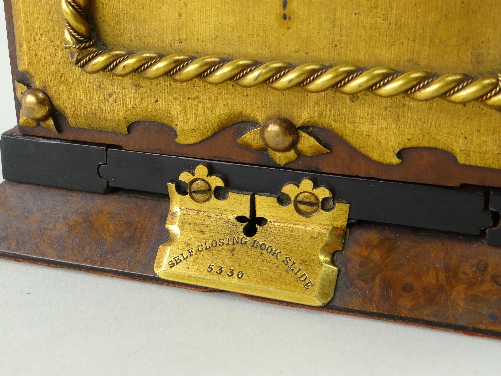 VICTORIAN WALNUT, GILT METAL & PORCELAIN PATENT BOOK SLIDE, with Betjeman's patent self-closing - Image 6 of 12