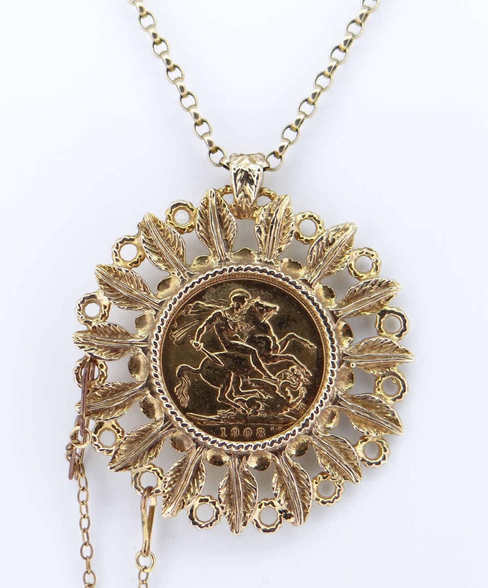 EDWARD VII GOLD SOVEREIGN, 1908, in 9ct gold leaf design pendant mount, on 9ct gold chain, 26.0gms