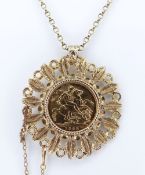 EDWARD VII GOLD SOVEREIGN, 1908, in 9ct gold leaf design pendant mount, on 9ct gold chain, 26.0gms