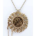 EDWARD VII GOLD SOVEREIGN, 1908, in 9ct gold leaf design pendant mount, on 9ct gold chain, 26.0gms