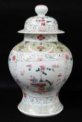 CHINESE FAMILLE ROSE PORCELAIN BALUSTER VASE & COVER, 19th Century, shoulder with lime green