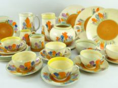 ASSORTED CLARICE CLIFF 'CROCUS' PATTERN TEAWARES, including teapot (no cover), five teacups,