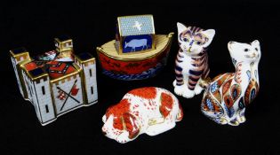 FIVE ROYAL CROWN DERBY BONE CHINA PAPERWEIGHTS, including Treasures of Childhood Fort, Arc, Puppy,