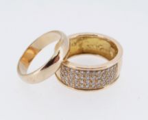GOLD RINGS comprising yellow metal wedding band and a four row diamond ring marked 'K18', 12.5gms (