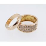 GOLD RINGS comprising yellow metal wedding band and a four row diamond ring marked 'K18', 12.5gms (