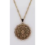 9CT GOLD CIRCULAR LOCKET, geometric design, on 14k gold fine link chain, 9.1gms overall