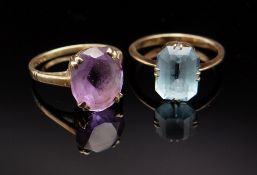 TWO 9CT GOLD RINGS comprising one aquamarine and one amethyst, 5.1gms (2)