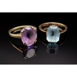 TWO 9CT GOLD RINGS comprising one aquamarine and one amethyst, 5.1gms (2)