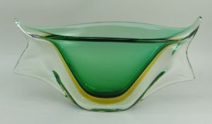 VINTAGE ITALIAN SOMMERSO GLASS CENTREPIECE, possibly Murano, clear, green and amber, oval form