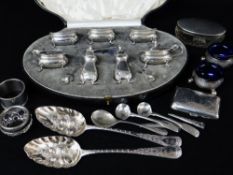 ASSORTED SILVER & PLATE, including boxed George V 7-piece cruet set, by E.S.Barnsley & Co.