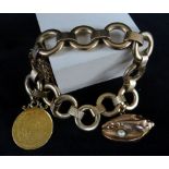 9CT GOLD CIRCLE LINK BRACELET & ATTACHMENTS comprising 1 Pond 1898 coin and yellow metal conch