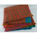 VINTAGE WELSH BLANKET, woven tapestry design in patchwork using blue, green, orange, pink, grey