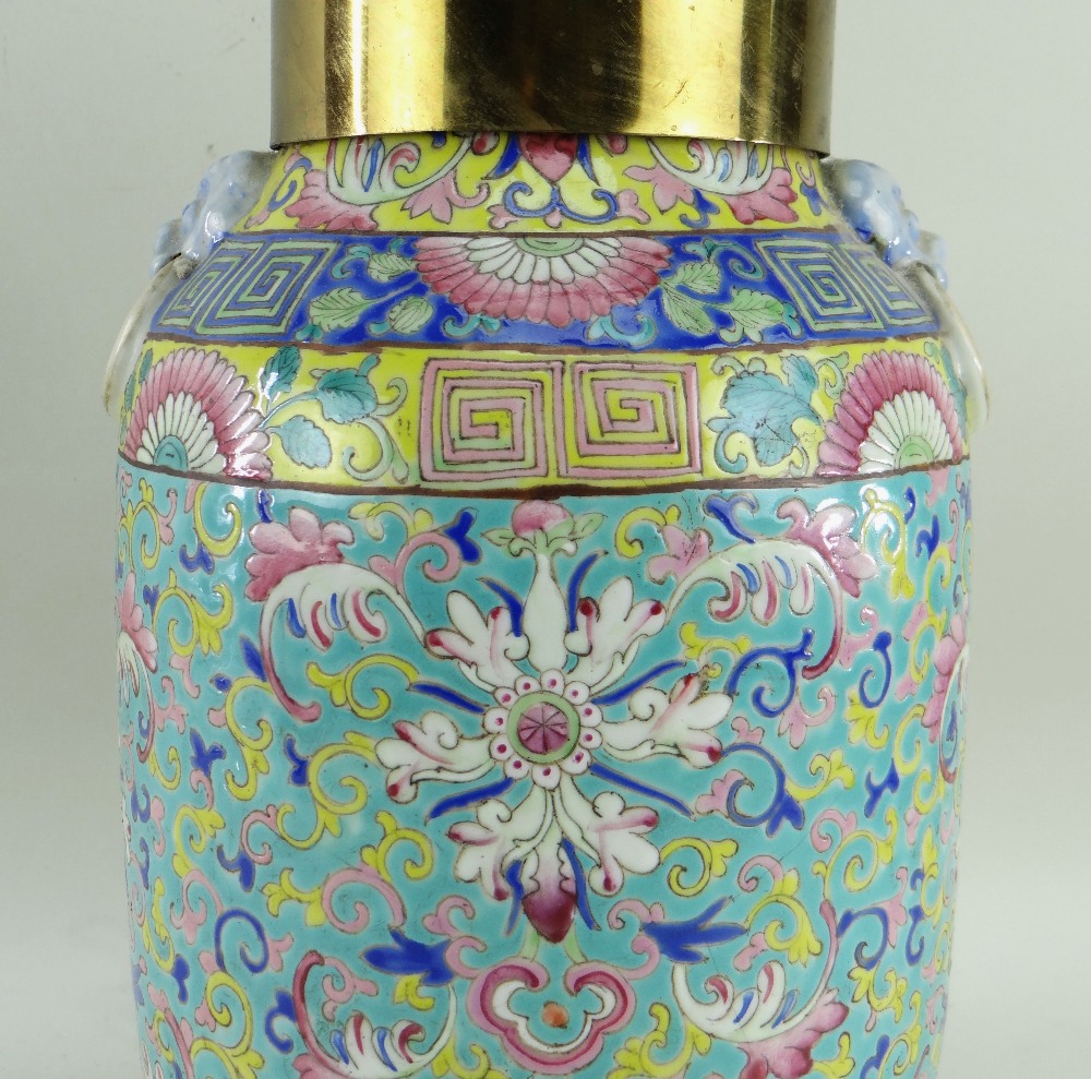 CHINESE FAMILLE ROSE PORCELAIN VASE, 19th/20th Century, mounted for electricity, the brass capped - Image 2 of 3