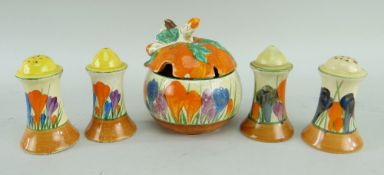 CLARICE CLIFF 'CROCUS' PATTERN MARMALADE POT & ASSOCIATED COVER, and two pairs of cruets (5)