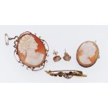CAMEO SHELL JEWELLERY & BAR BROOCH, including pair 9ct cameo earstuds, 2 oval cameo neck brooches in