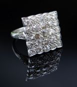 WHITE METAL DIAMOND ENCRUSTED RING, Art Deco style square design, ring size L, 6.0gms