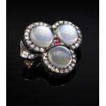 VICTORIAN MOONSTONE, RUBY & DIAMOND BROOCH of trefoil foliate design, 3cms long, 8.7gms,