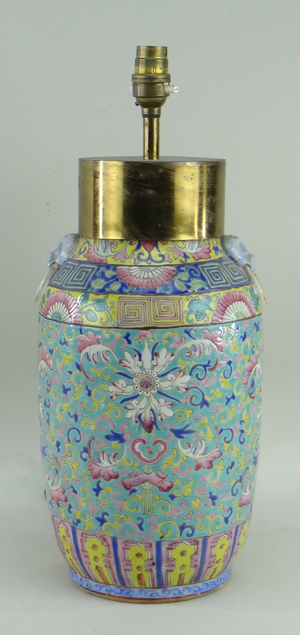 CHINESE FAMILLE ROSE PORCELAIN VASE, 19th/20th Century, mounted for electricity, the brass capped