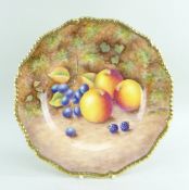 ROYAL WORCESTER FINE BONE CHINA CABINET PLATE, hand painted with fruit amongst foliage, signed 'P.