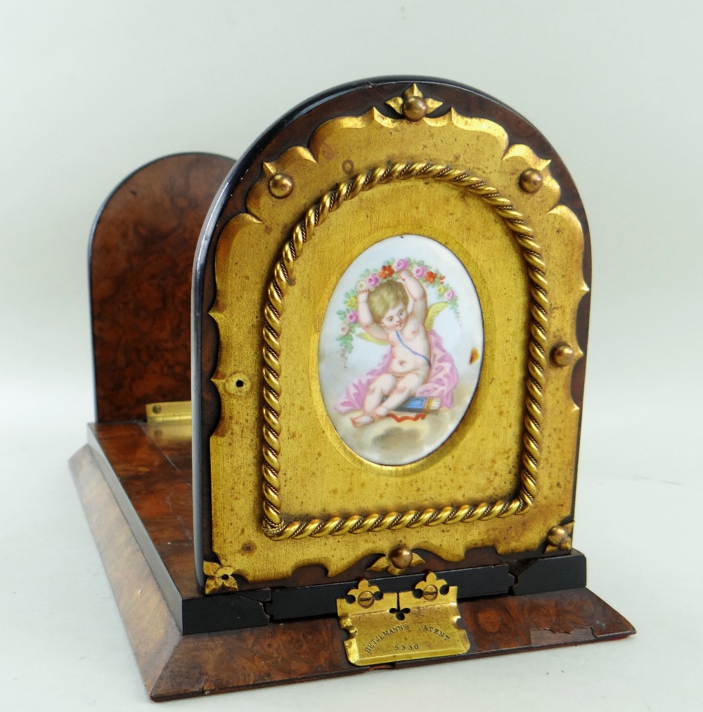 VICTORIAN WALNUT, GILT METAL & PORCELAIN PATENT BOOK SLIDE, with Betjeman's patent self-closing - Image 4 of 12